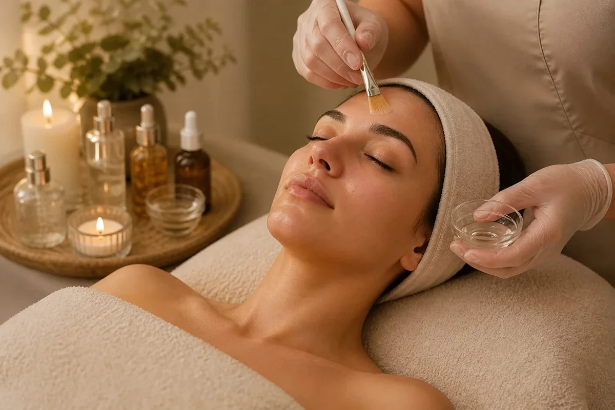Face treatment mask applied in a spa setting