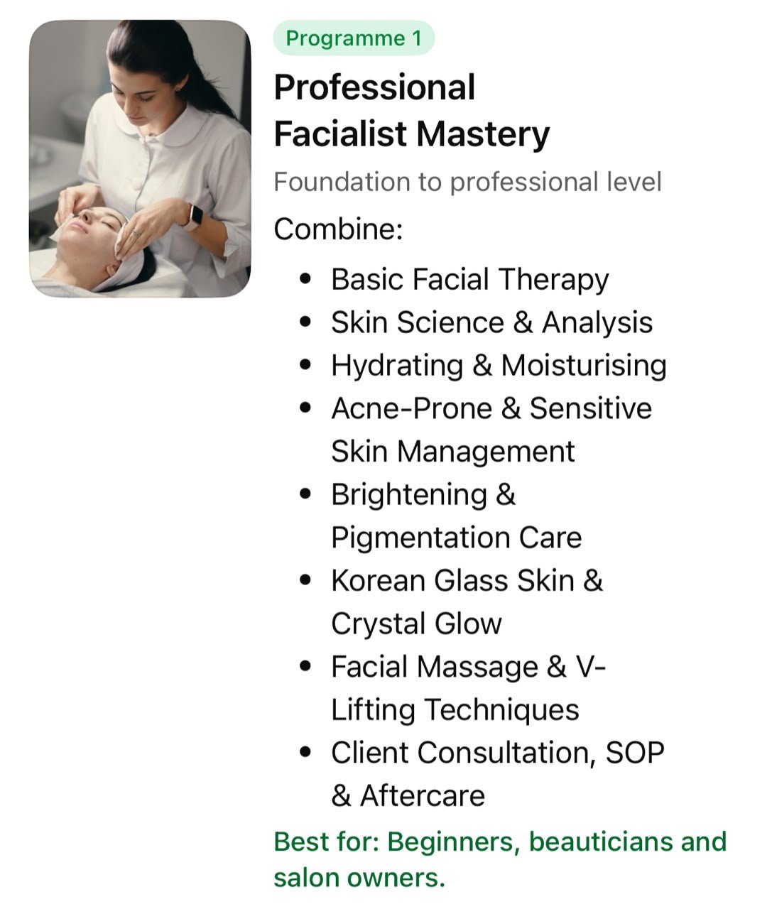 Professional Facialist Mastery programme details